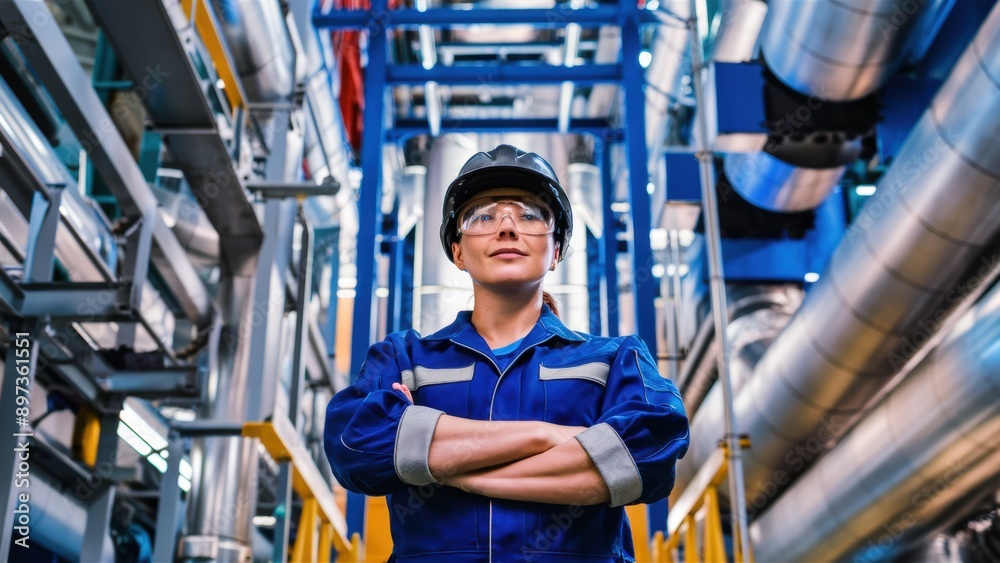 Sticker a woman in blue hard hat standing next to pipes and valves, ai