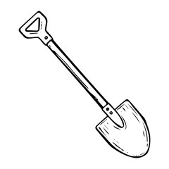 Garden shovel hand drawn in doodle style. Hobby gardening. Working tool for digging earth. Vector line art illustration.