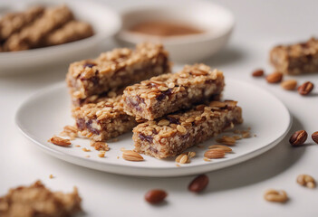 A plate of homemade granola bars made with oats, dates, and nuts on a white background
