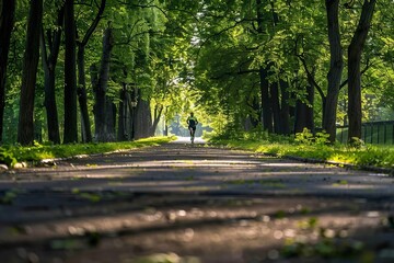 A lone runner on a paved path through a green forest on a sunny day