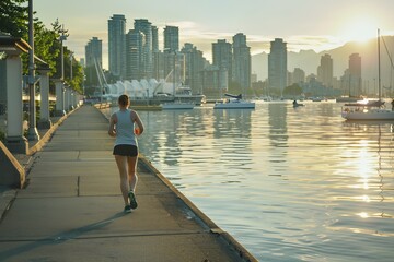 Obraz premium Woman jogging along waterfront pathway in vancouver city at sunset