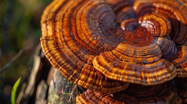 close-up of brown and orange reishi mushroom with intricate patterns and glistening water droplets in sunlight, highlighting nature's beauty in detailed photography