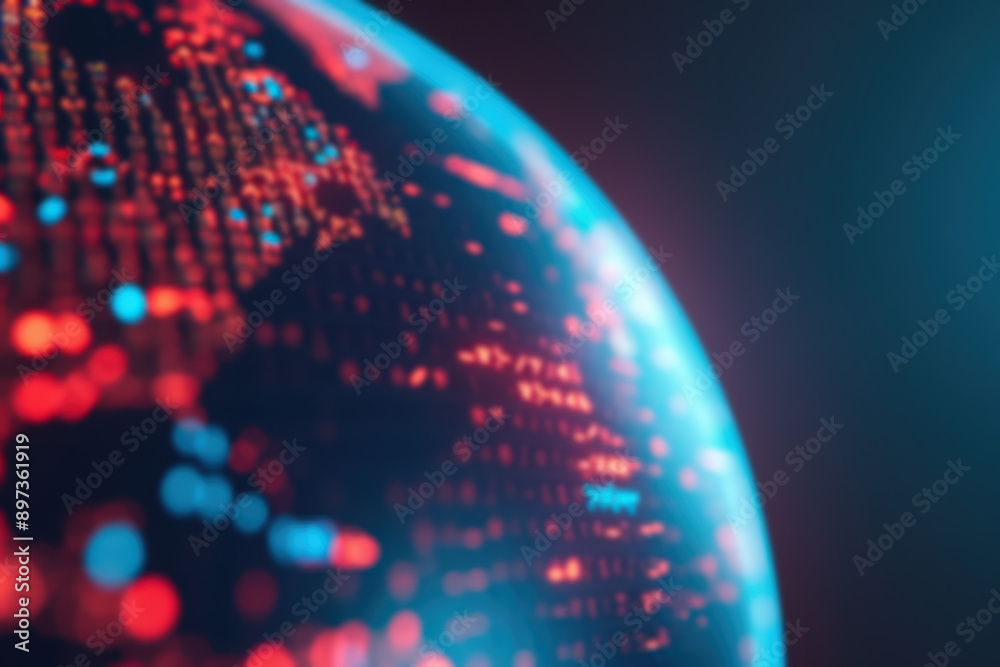 Poster blurred futuristic digital globe displaying glowing data points and network connections, representin