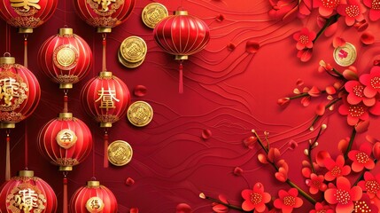Obraz premium Elegant Chinese New Year background, red with luxury patterns and gold coins