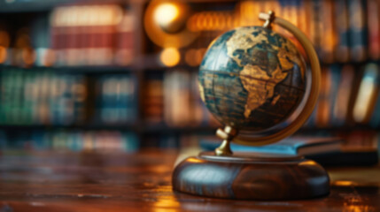 A vintage globe on a wooden desk in a library with blurred bookshelves in the background, representing exploration, geography, and nostalgia.