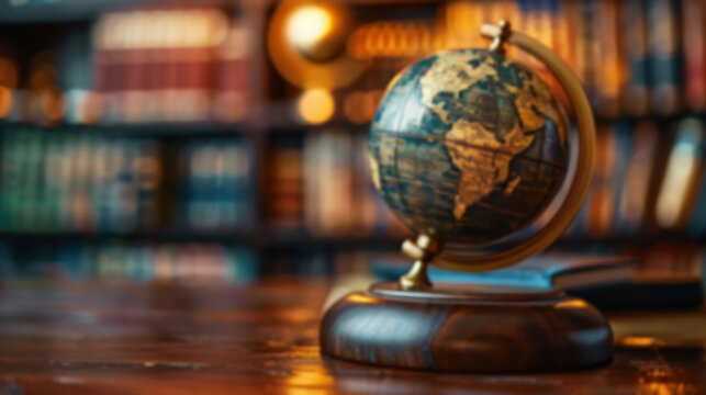 A vintage globe on a wooden desk in a library with blurred bookshelves in the background, representing exploration, geography, and nostalgia.
