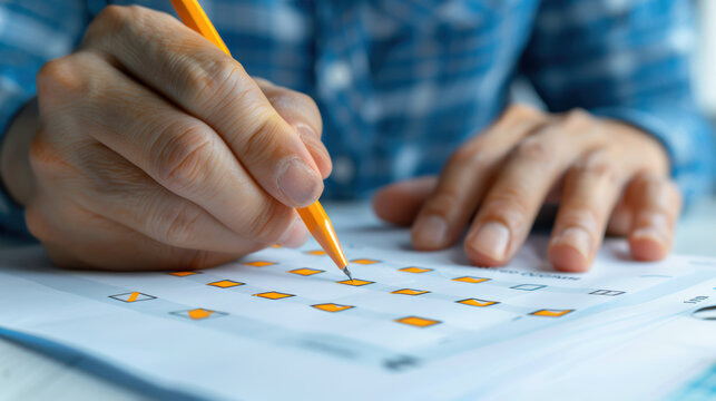 Close-up of a person filling out a survey form with a yellow pen, focusing on hand and checklist details in bright indoor setting.