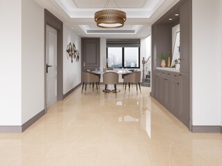 The inside of the dining room and kitchen include a floor made of biege  and white marble, a wooden dining table and brown chairs, and other necessary kitchen items, hanging chandelier. 3D Rendering