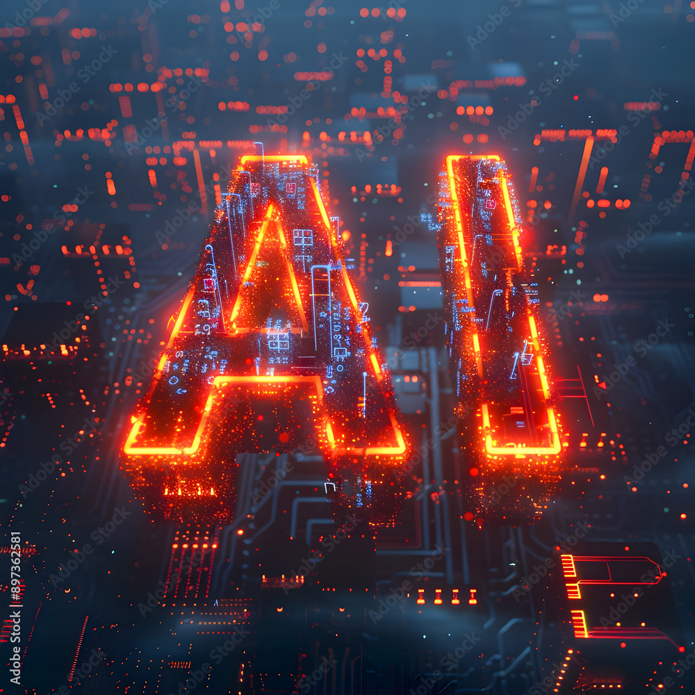 Poster a 3d rendering of the glowing fiery letters ai displayed in a dynamic pose against a dark digital la