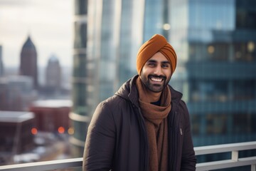 Portrait of a happy indian man in his 30s dressed in a warm ski hat in stunning skyscraper skyline