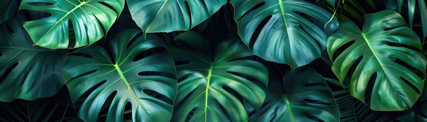 Lush dark green monstera leaves overlapping, showcasing vibrant tropical foliage with detailed textures and natural patterns in a dense arrangement.