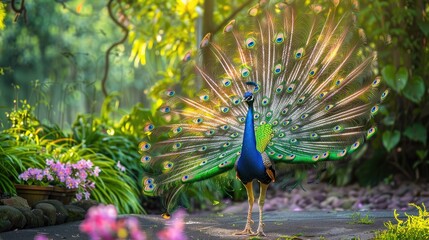 Obraz premium Colorful peacock strutting in a lush garden, its magnificent tail feathers fanned out in a dazzling display