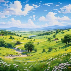 Fototapeta premium Beautiful illustrations of trees, flowers, meadows, mountains, sky and clouds, colored drawings in animation style.