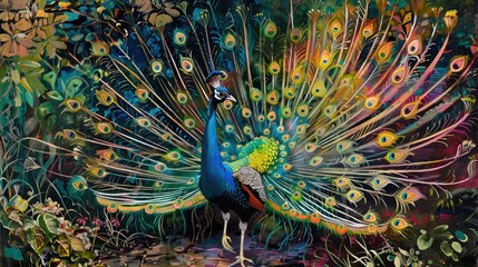 Obraz premium Colorful peacock strutting in a lush garden, its magnificent tail feathers fanned out in a dazzling display