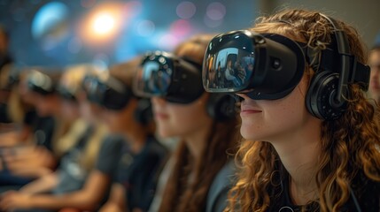 A classroom of students wearing VR headsets engage in a learning experience, exploring a virtual environment.