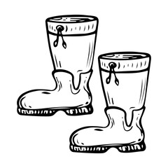 Pair of rubber boots hand drawn in doodle style. Shoes that protect against water and dirt when working in the garden. Comfortable clothes. Vector line art illustration.