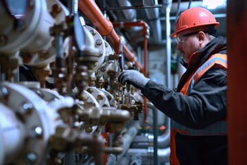 Fototapeta premium Man repairing pipes in orange vest