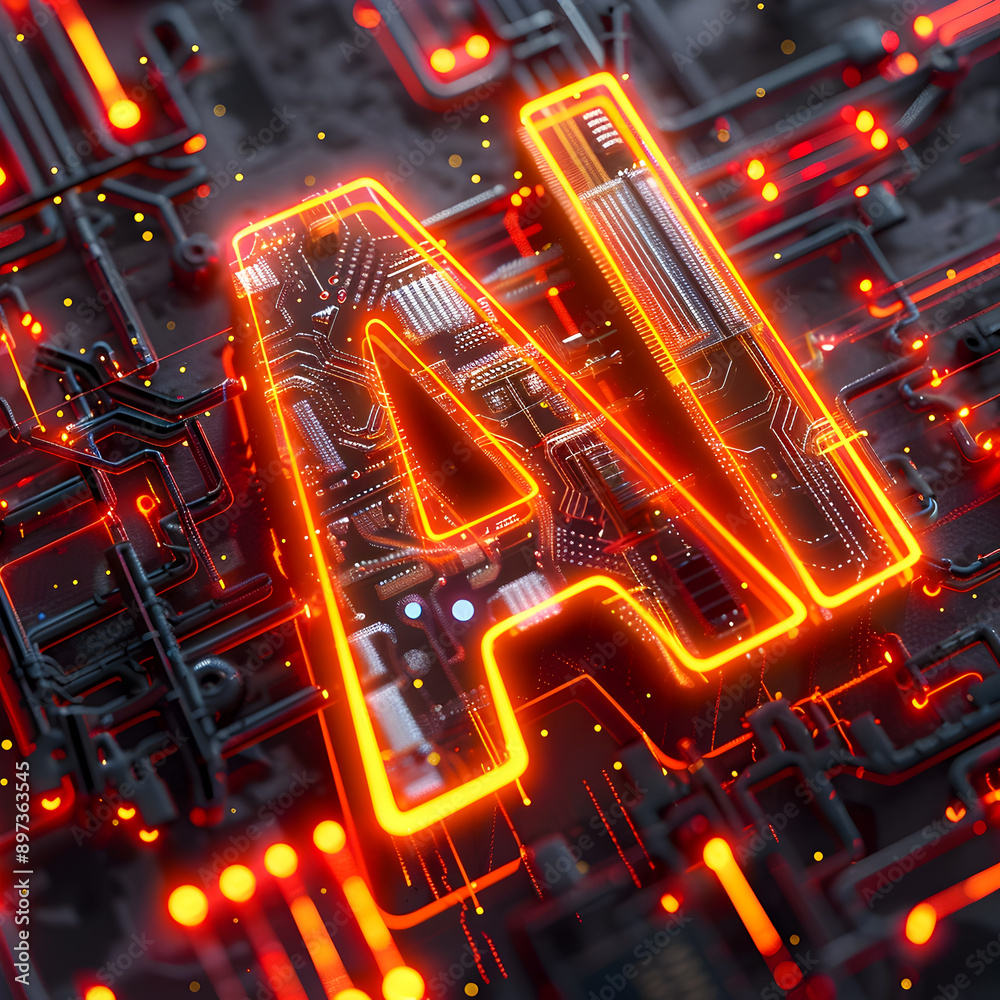 Poster stylized 3d of the letters ai with glowing circuits and neon highlights set against a dynamic futuri