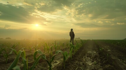 Fototapeta premium Silhouette of a Farmer in a Cornfield at Sunset