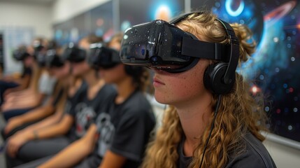 Students in VR headsets learn in a virtual world with interactive materials, enhancing their classroom experience