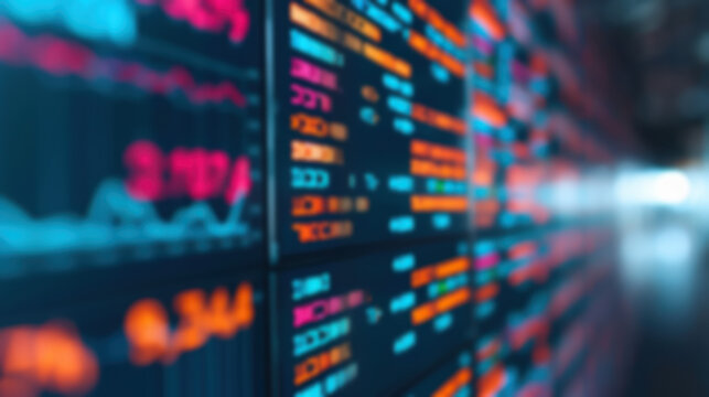 Blurred financial data on a digital screen showcasing stock market trends, currency exchange rates, and global economic indicators.