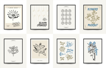 Abstract floral posters template. Modern trendy minimal style. Pink and blue colors. Hand drawn design for wallpaper, wall decor, print, postcard, cover, template, banner. 