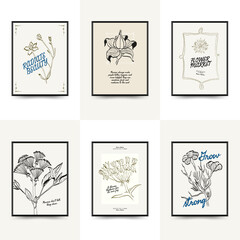 Abstract floral posters template. Modern trendy minimal style. Pink and blue colors. Hand drawn design for wallpaper, wall decor, print, postcard, cover, template, banner. 