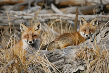 Fototapeta premium Red Fox Kits - Detailed Wildlife Ethnographic Art