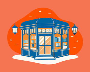 Inviting Bookstore Facade at Dusk with Warm Interior Lighting, AI Generation