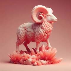 Stunning Pink Ram Sculpture Surrounded by Vibrant Crystal Formations A Unique Artistic Creation