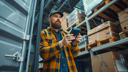 Warehouse worker checking inventory with handheld device