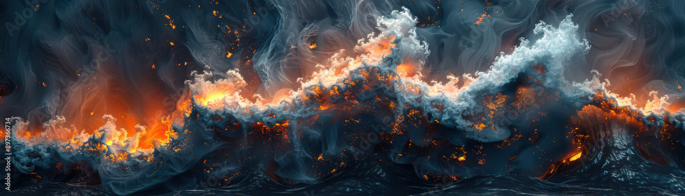 Poster abstract depiction of powerful waves intertwined with fire, creating a dramatic and intense visual r