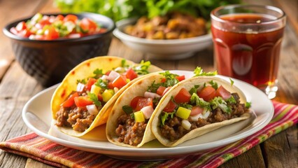Tres tacos rellenos de carne y vegetales frescos servidos en un plato blanco con bebidas al fondo.