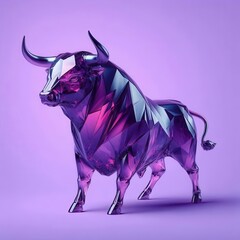 Obraz premium Stunning Polygonal Bull Sculpture in Vibrant Purple against a Soft Background for Modern Art Enthusiasts