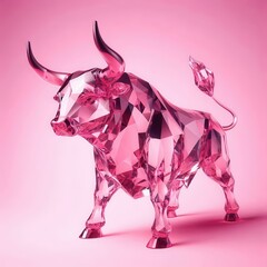 Obraz premium Elegant Pink Crystal Bull Sculpture on a Soft Pink Background for Contemporary Art Lovers