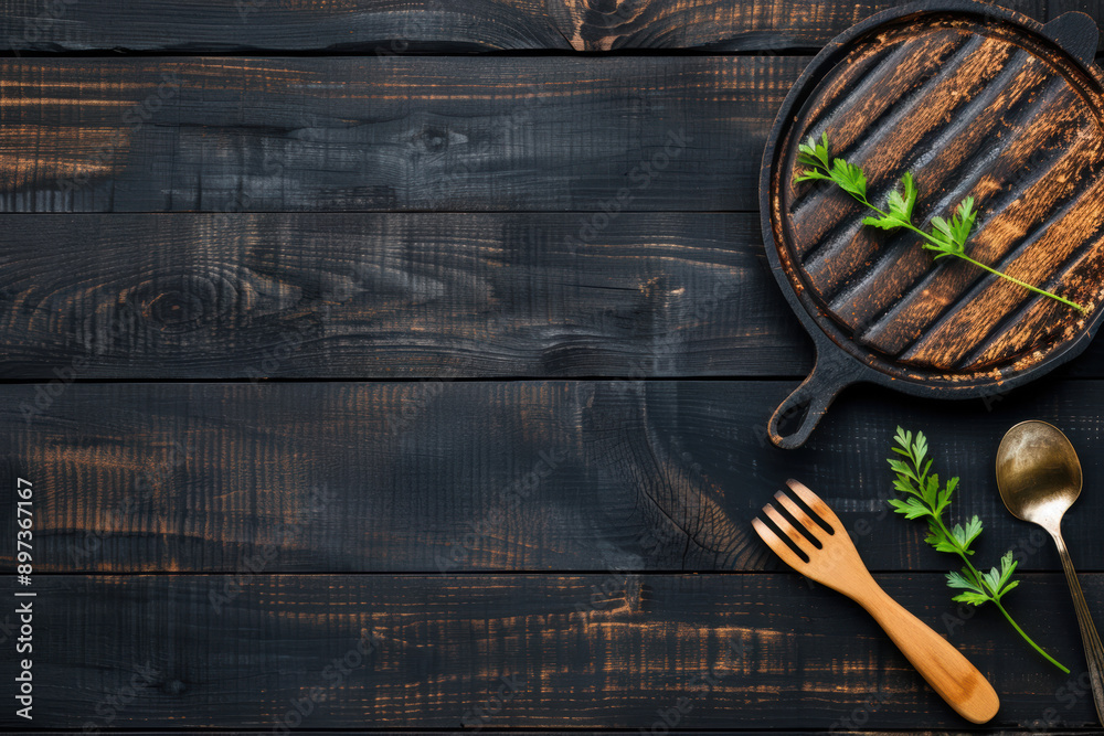 Wall mural top view of empty cast iron grill pan with utensils and fresh parsley on dark wooden background. per