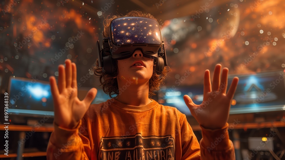 Poster a student wears a vr headset while participating in a physics lesson, reaching out with both hands t
