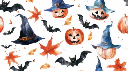 Fototapeta premium Festive watercolor Halloween elements: hats, bats, and pumpkins on white background