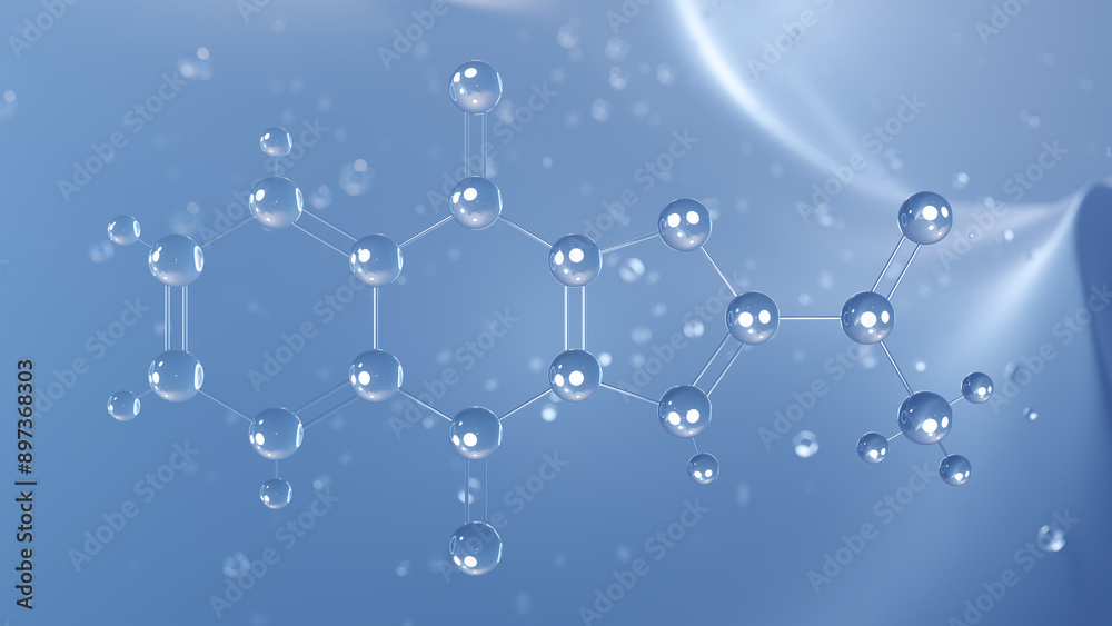 Wall mural napabucasin molecular structure, 3d model molecule, cancer cell stemness inhibitor, structural chemical formula view from a microscope