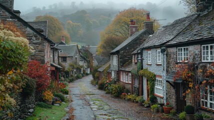 Picturesque Autumn Village in the Misty English Countryside