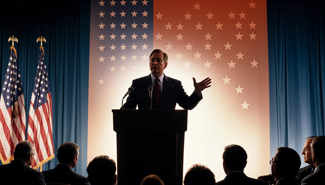 silhouette of a U.S. senator giving a speech on a podium next to an American flag
