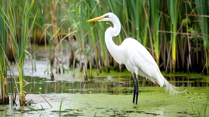 Obraz premium Great egret standing gracefully in a marsh, its white plumage contrasting with the green reeds and water