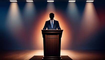 silhouette of a U.S. senator giving a speech on a podium next to an American flag
