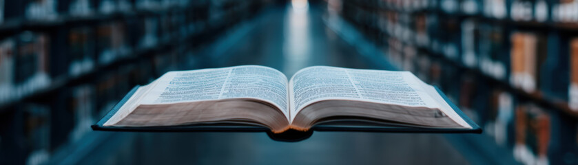 Obraz premium Open book floating in a library aisle, symbolizing the magic and wonder of literature and knowledge in a serene, scholarly atmosphere.