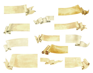 Watercolor blank beige paper banner ribbon for decorative text design in different lengths. Vintage curly label. Design templates for inscriptions, signatures, names for badges, flags, coats of arms