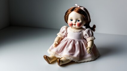 Fototapeta premium Vintage Porcelain Doll in Pink Dress with Lace Details on White Background