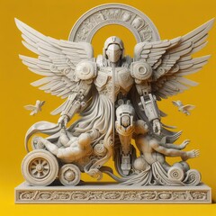 Exquisite Sculptural Artwork of a Guardian Figure with Wings and Mythological Elements Against a Vibrant Yellow Background