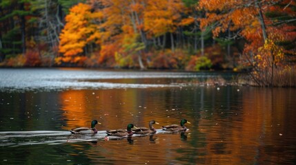 Fototapeta premium Group of ducks swimming in a calm lake surrounded by autumn foliage, capturing the essence of fall in nature