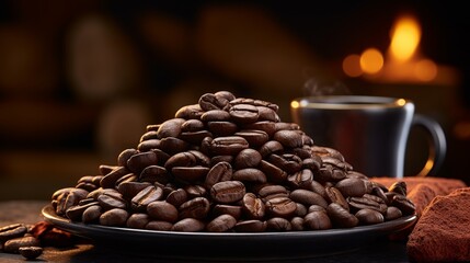 Aromatic freshly roasted coffee beans heaped and ready for brewing, promising flavorful indulgence