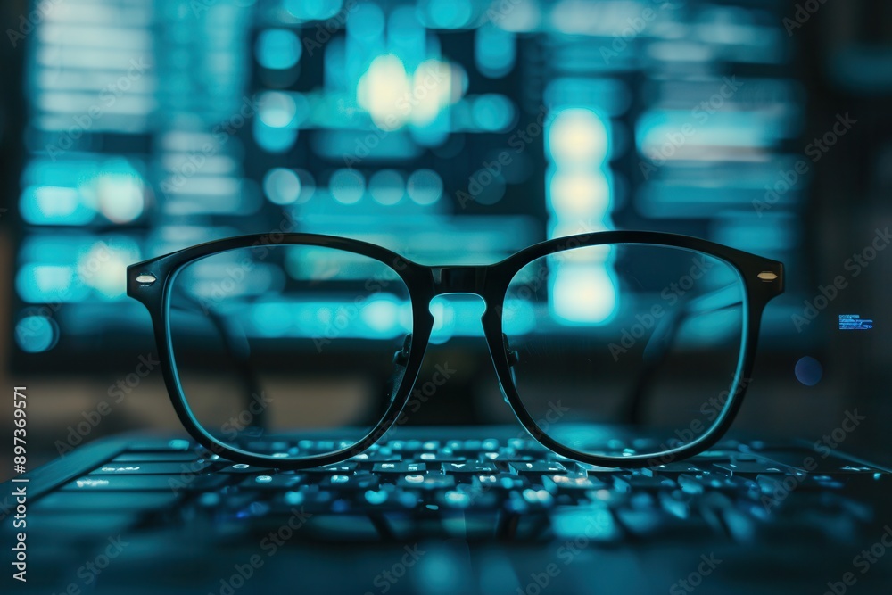 Leinwandbilder a pair of black eyeglasses sits on a computer keyboard with a blue lit screen in the background. gen